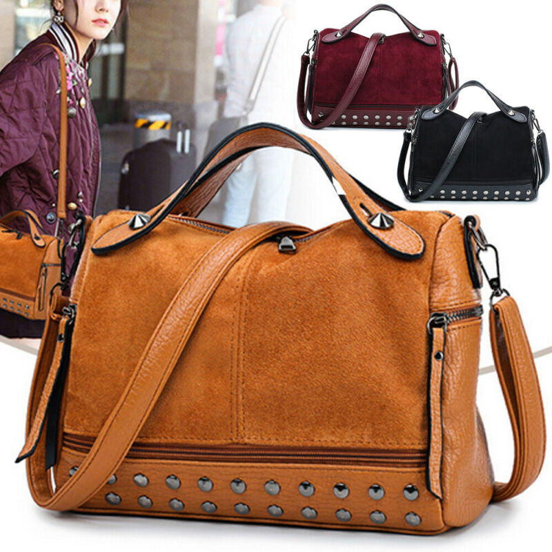 Women Lady Faux Leather Handbag Shoulder Messenger Bag CrossBody Bags Large Capacity Travel Rivet Matte Tote