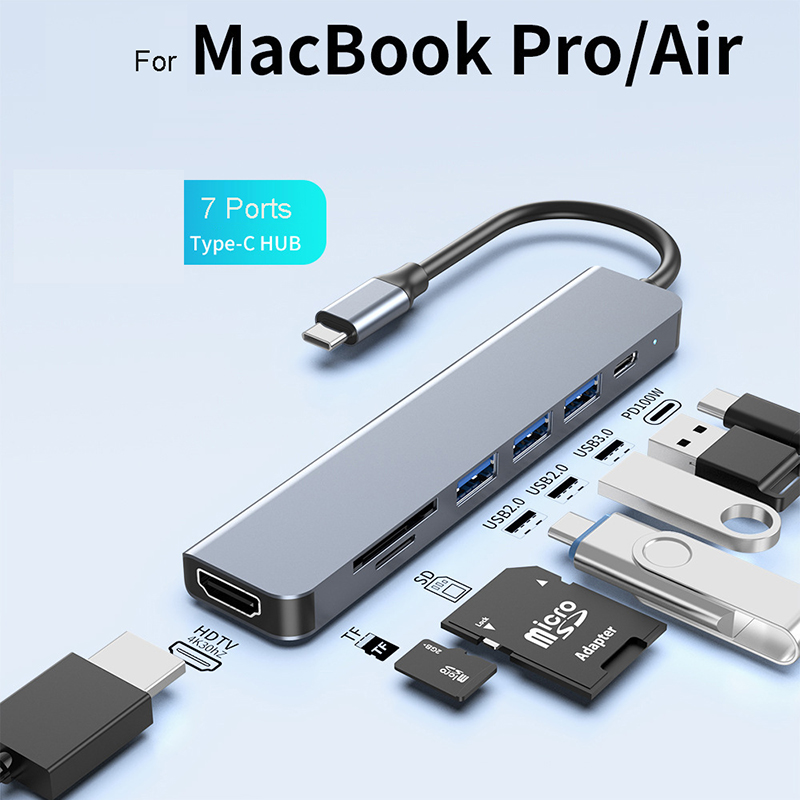 7 portów z HDMI na HUB typu C HDTV 4K30hZ Projekcyjny adapter wyświetlacza PD 100W Stacja dokująca USB3.0 2.0 Czytnik kart SD TF