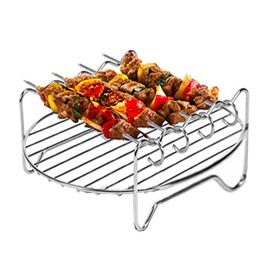 Air Fryer Rack Stainless Steel Double Layer Rack Versatile Round Roasting Stand Barbecue Grill Holder With Skewers Kitchen Tool