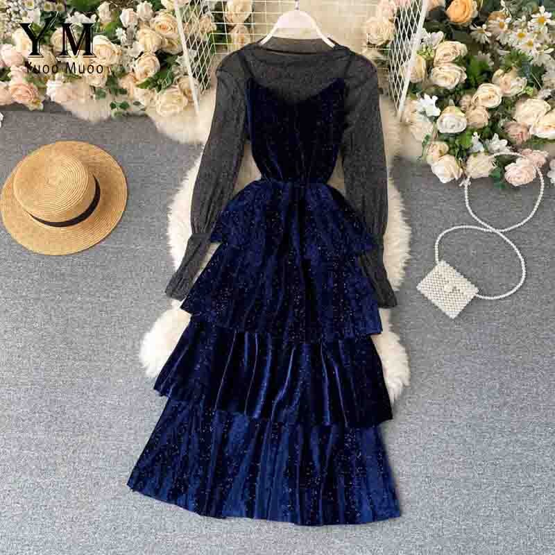 YuooMuoo Bling Bling Luxury Party Dress Women Two Piece Set Shirt and Pleuche Spaghetti Strap Dress Festival Long Dress: Blue