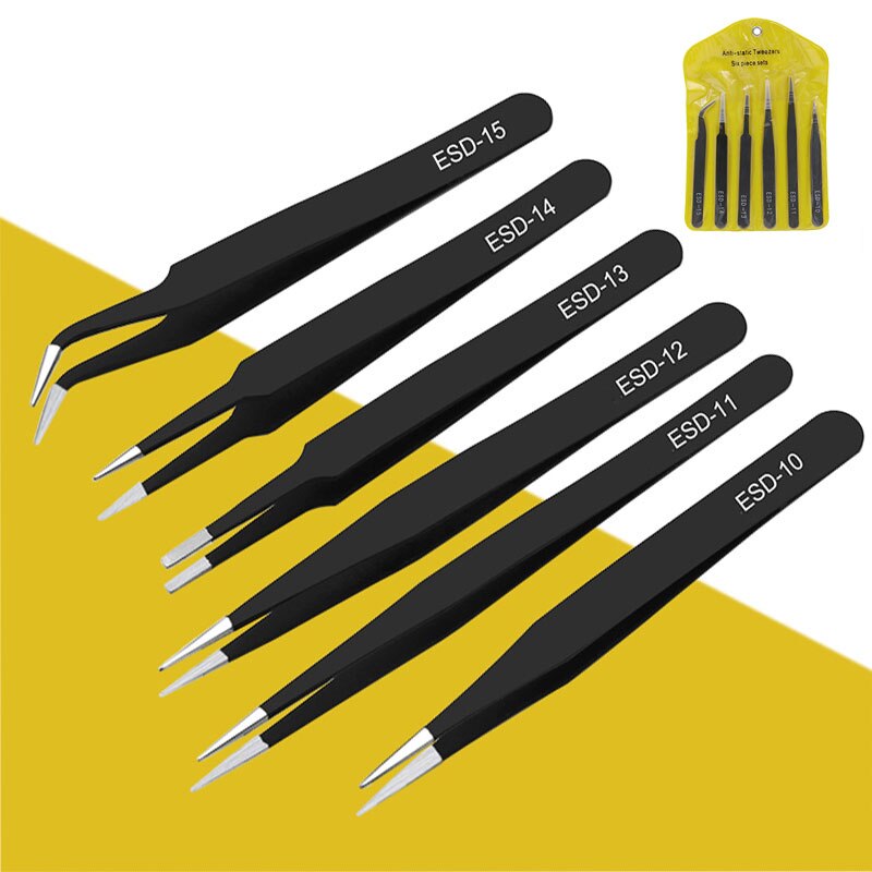 6pcs Anti-static ESD Stainless Steel Tweezers Maintenance Tools Industrial Precision Curved Straight Tweezers Repair Tools