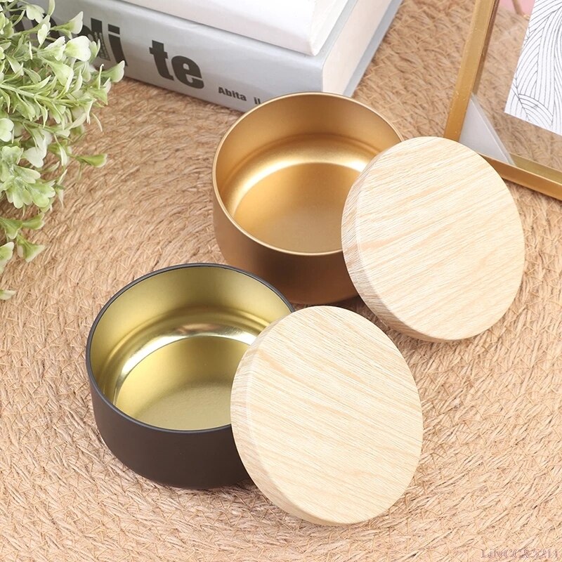 6OZ Solid Metal Candle Jar with Wood Grain Lid Handmade Candles Making Container Mini Tins Storage Box