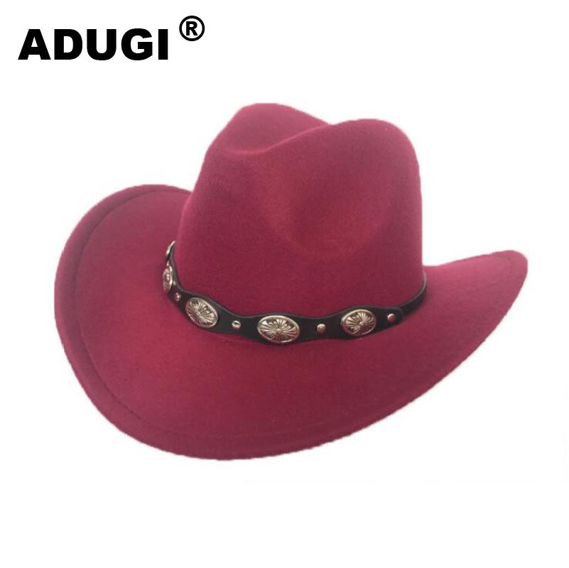 ADUGI punk styl kapelusz kowbojski jesienno-zimowy wełniany filcowy kapelusz mężczyźni i kobiety jazzowy kapelusz brytyjski pas metalowy retro kapelusz: czerwony wino