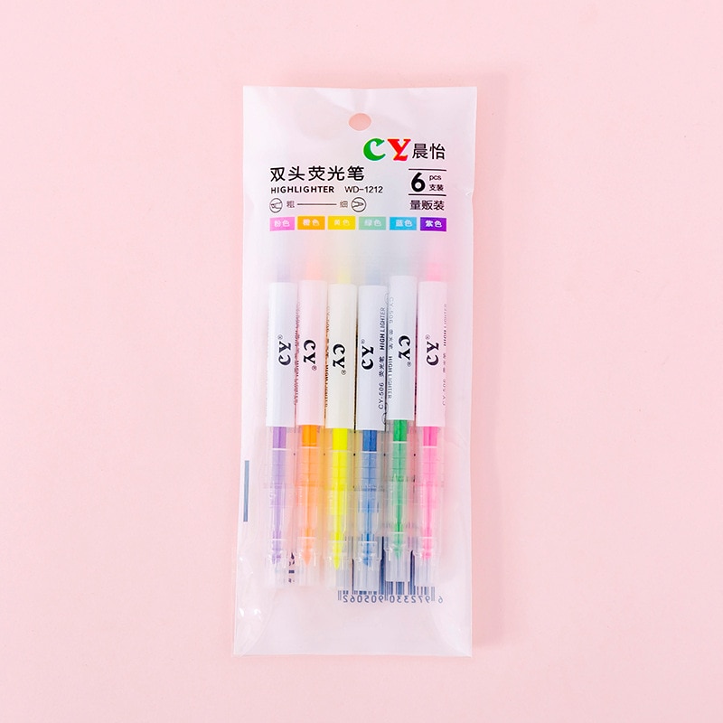6 stk/parti slik farve dobbelt hoved highlighter sød tegnet tusch skrivepapir skoleartikler