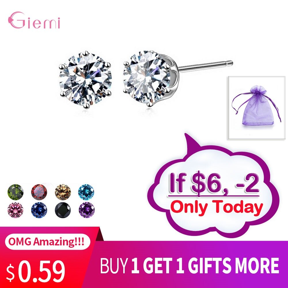 Cubic Zirconia CZ Stone 6MM Jewelry Stud Earrings 925 Sterling Silver Earrings Women 20 Colors