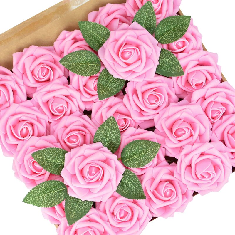 25 Pièces/boîte Mousse Artificielle Rose Fleurs avec des Feuilles Bouquets De Mariée De mariage De Décoration De Jardin de Partie Fausse Fleur BRICOLAGE Artisanat: pink