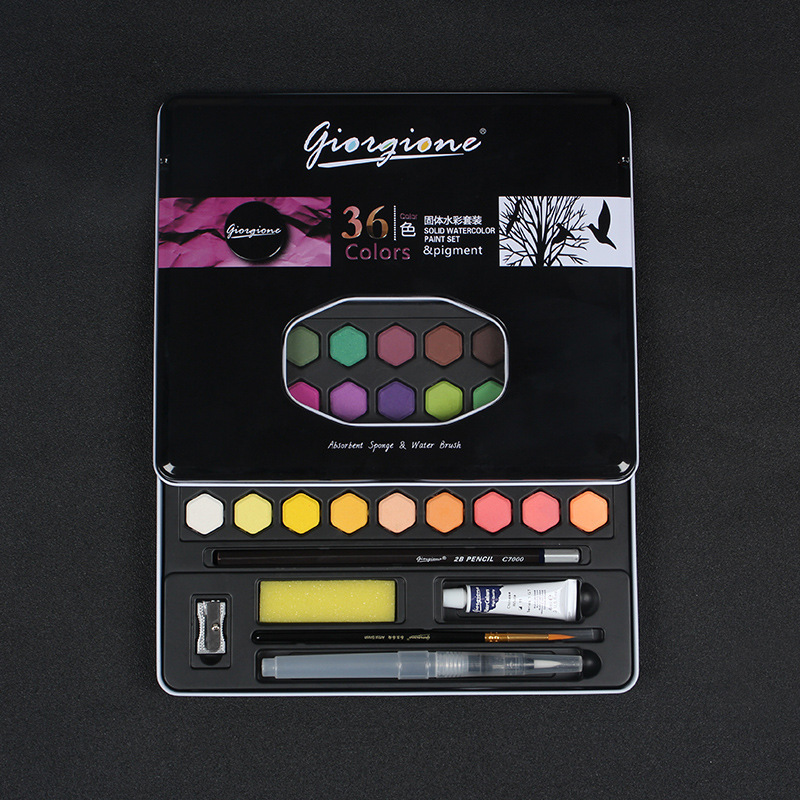 36/48 Kleuren Aquarel Palet Tin Set Met Water Borstel Aquarel Veld Schets Sets Professionele Kunst Schilderen Leveringen: 36 color-Black tin