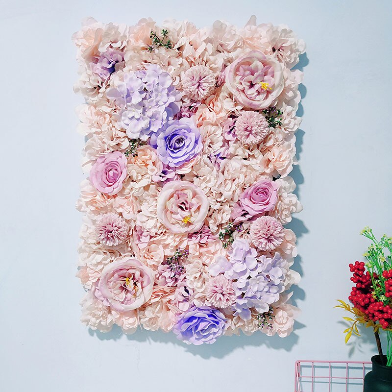 Kunstige blomster væg blomster række panel bryllup forsyninger rose pæon hortensia silke blomster bryllup baggrund dekoration: Lyserød lilla