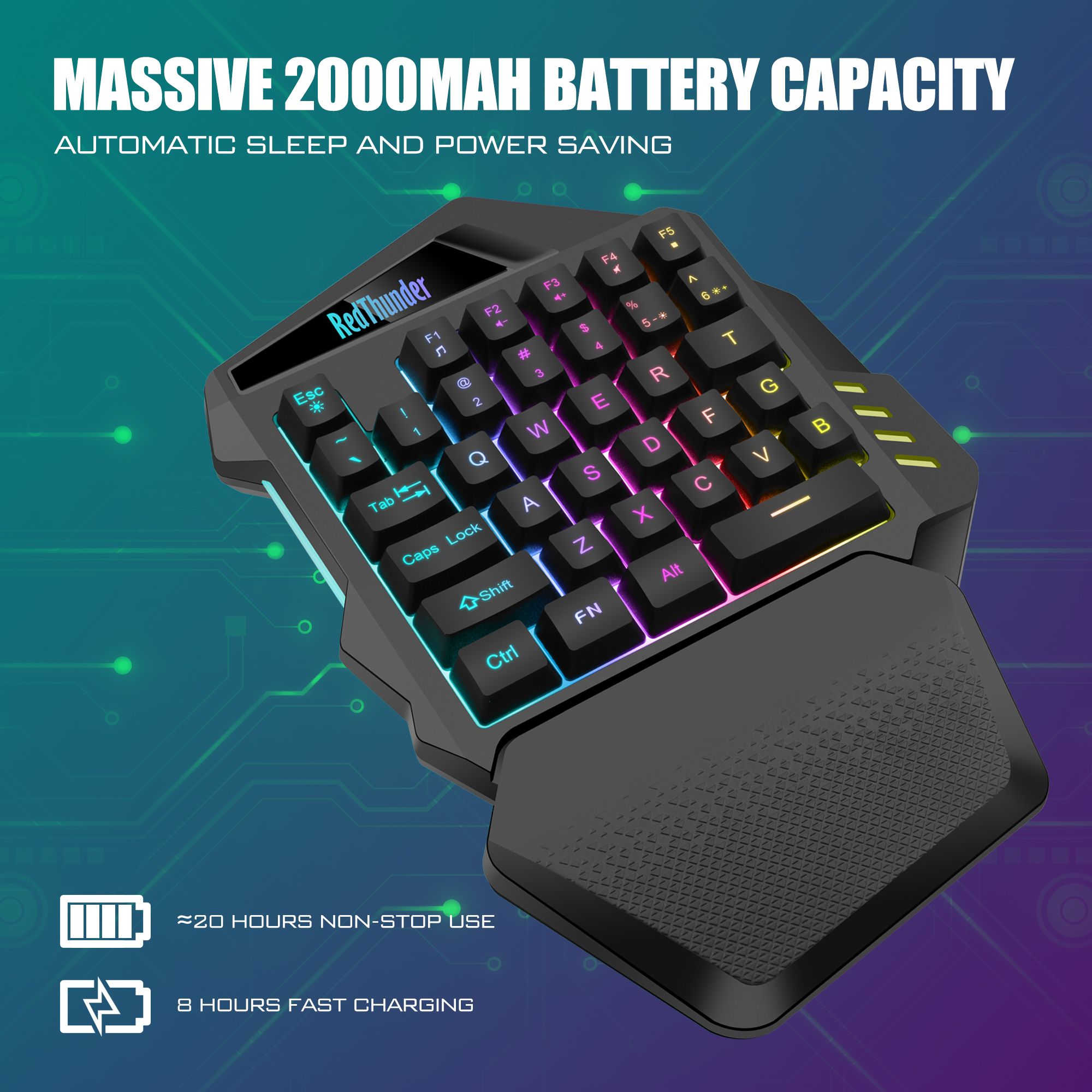 Tastiera da gioco senza fili con una mano RedThunder, mini tastiera da gioco retroilluminata RGB da 2.4Ghz, batteria ricaricabile da 2000mAh per PC Gamer