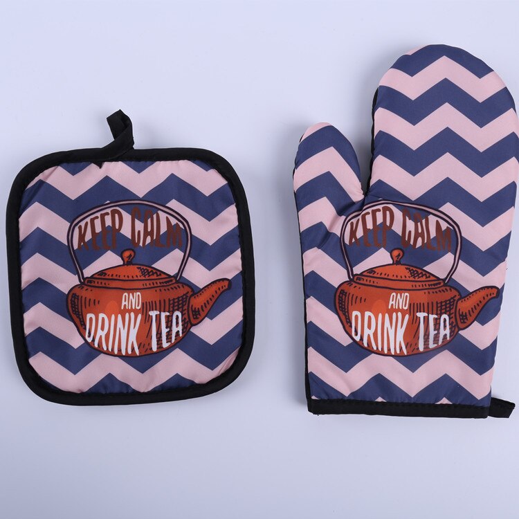 2pc/set Microwave Baking BBQ Glove Cotton Cute Oven Mitts Heat Resistant Linen Potholders Non-slip Kitchen Cooking Tools Mitten: DRINK TEA