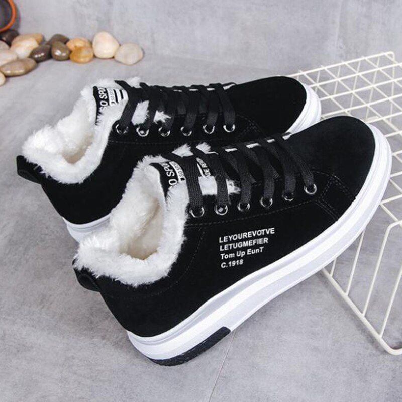 Nausk vinter kvinnor skor varm päls plysch dam fritidsskor snörskor sneakers zapatillas mujer plattform snöstövlar: Svart / 37