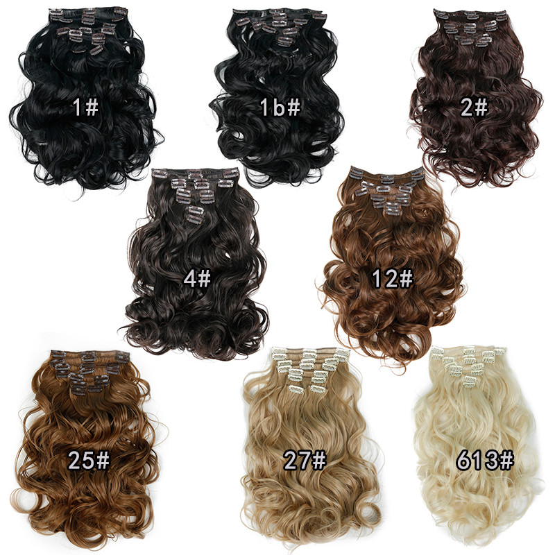 Feibin Clip en extensiones de cabello, peluca de pelo largo sintético ondulado 22 pulgadas 55cm, resistente al calor