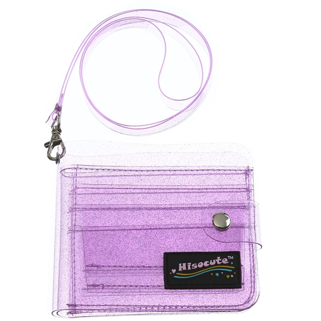 Transparante Id Kaarthouder Pvc Vouwen Korte Portemonnee Mode Vrouwen Meisje Glitter Visitekaartjes Case Clear Purse Met Lanyard: Paars