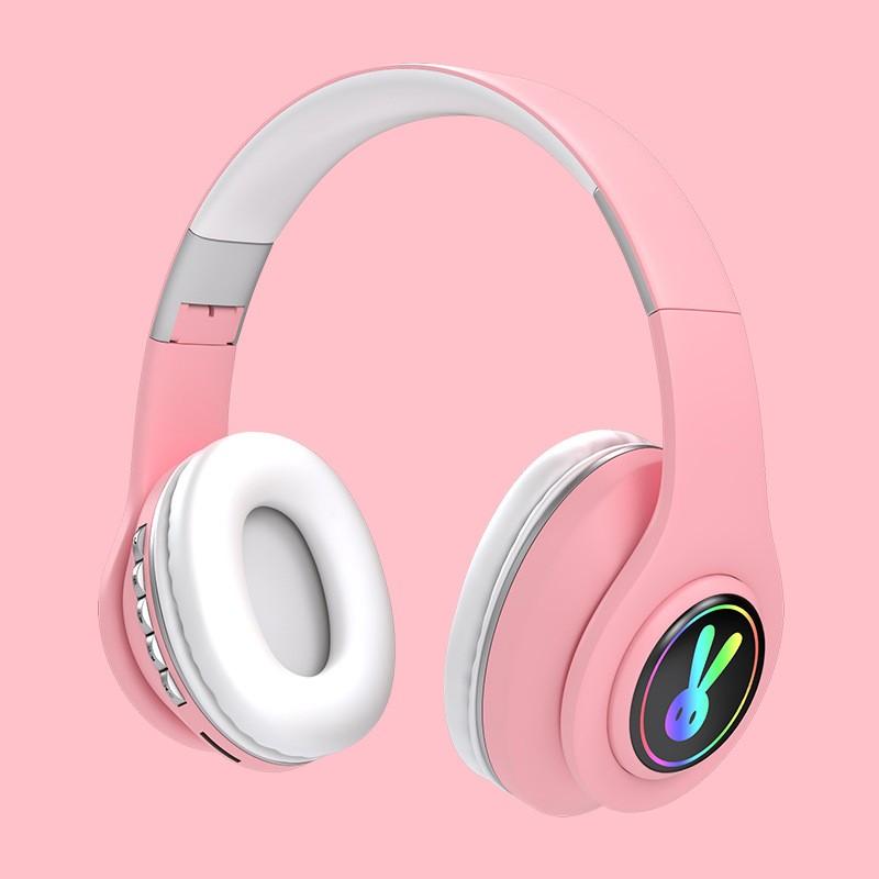 Bluetooth Wireless Headphones Macaron Color Hifi Music Auto Pairing Earphones Can Inserted TF Card Blue Pink Yellow Headsets: LED Lighting Pink
