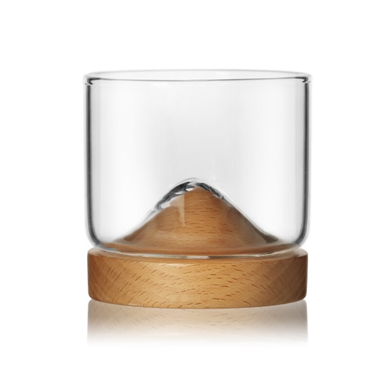 Home Kitchen Whiskey Glass Mug Mountain Shape Wooden Bottom Wine Transparent Glass Cup Whiskey Wine Bar Club Barware Unique: B