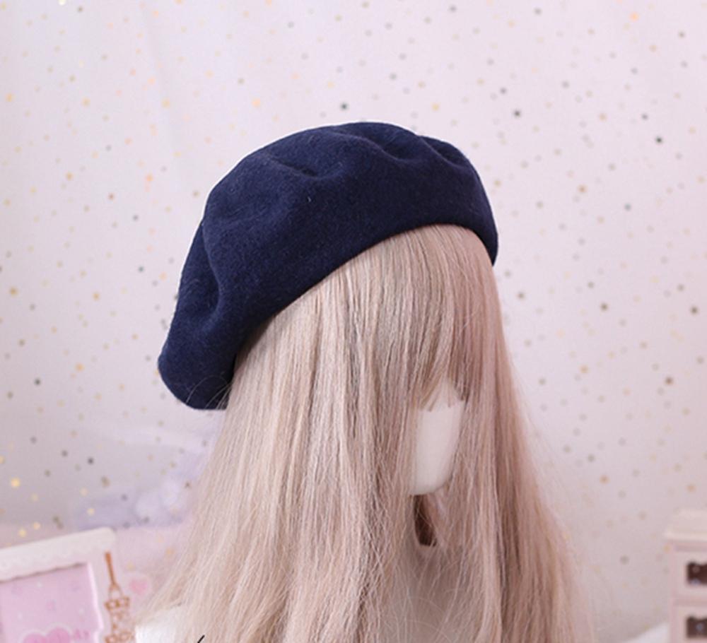 Solid Color Wool Beret for Women Girls Winter Autumn Beanit Hat: Blue