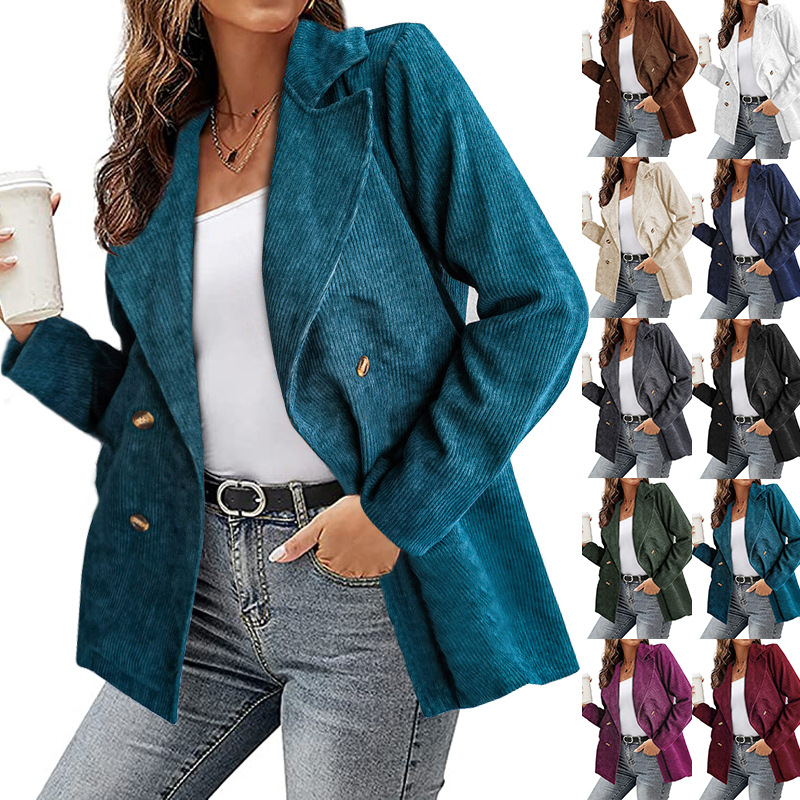 Office Lady Outwear for Women Long Sleeve Single Button Blazer Coats Solid Simple Corduroy Daily Clothes