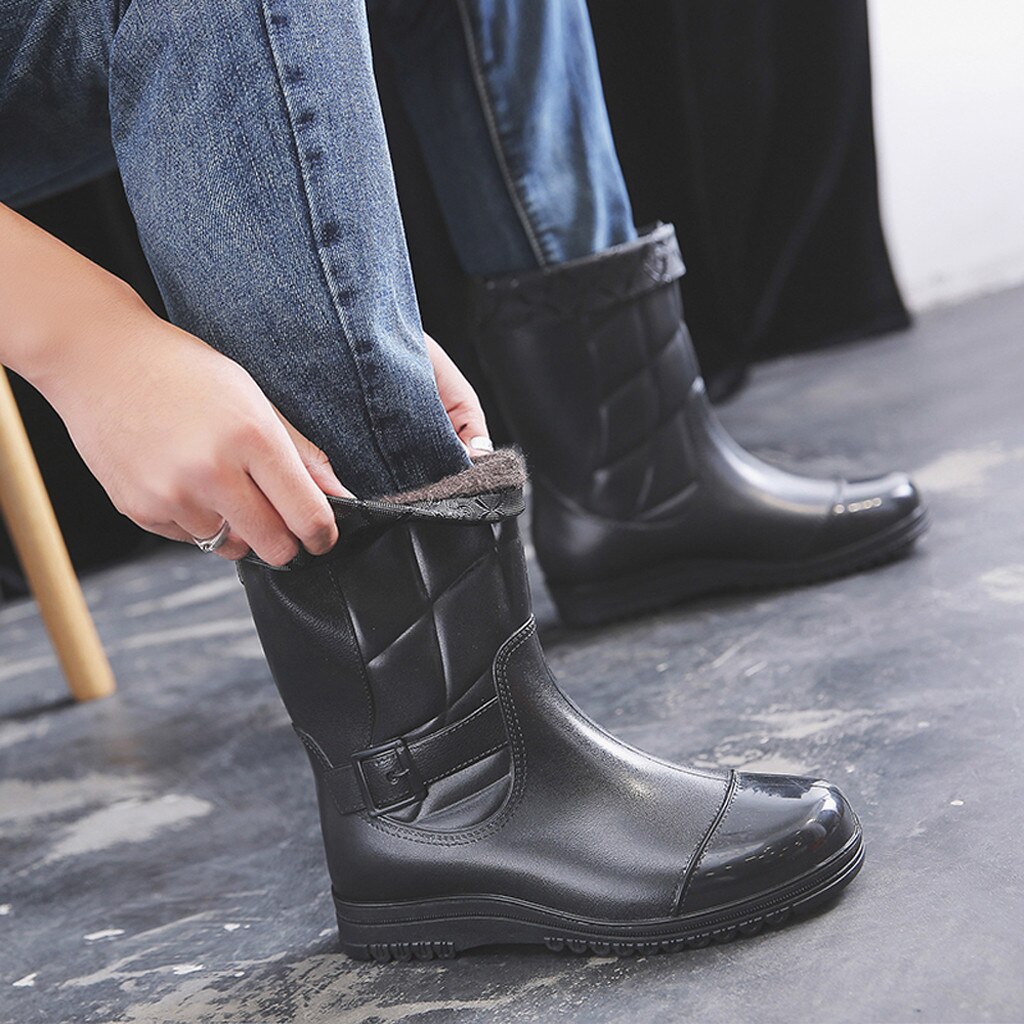 YOUYEDIAN negro fleece sólido ocio hombres de tacón bajo mantener zapatos de punta redonda impermeable medio tubo bota de lluvia # g35