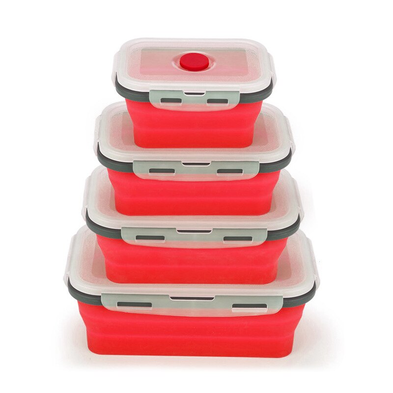 3/4Pcs Foldable Silicone Food Lunch Box Set Fruit Storage Refrigerator Fresh-Keep Container Dinnerware Conveniently Kitchen Box: Red / 3pcs set