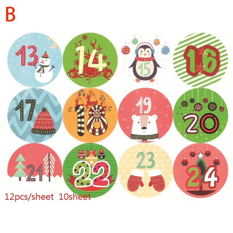 10 vellen kerstetiketten adventskalender, nummerpapierstickers, ornamenten, koekje, snoep, doe-het-zelf kerststickers, zelfklevende verpakkingsstickers: B