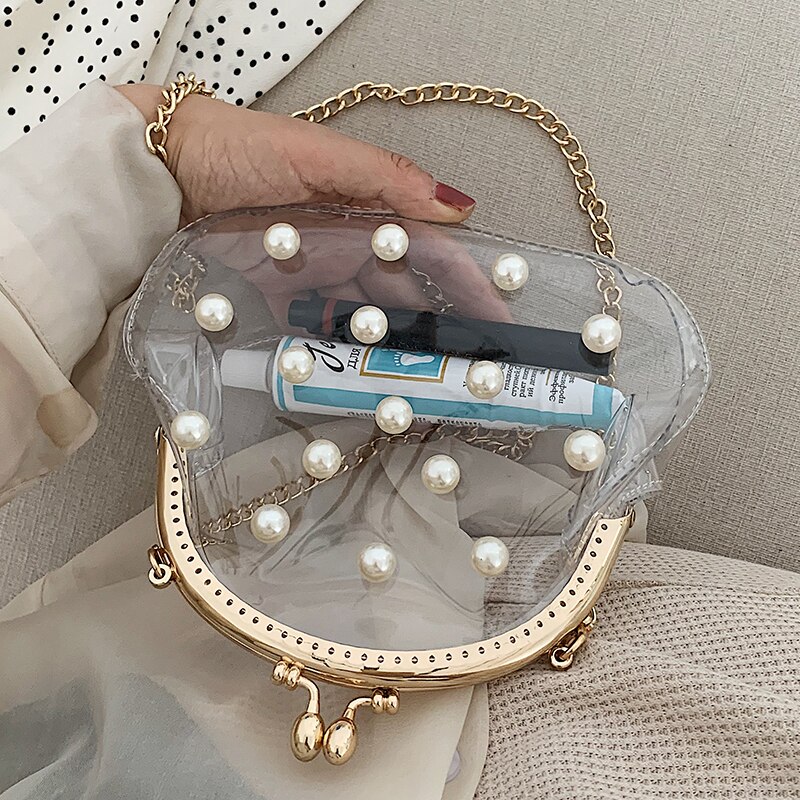 Gjennomsiktig pvc perle skallform unge jenter crossbody bag vesker og vesker kvinnelige skulderveske kløtsj bag fo dame bag