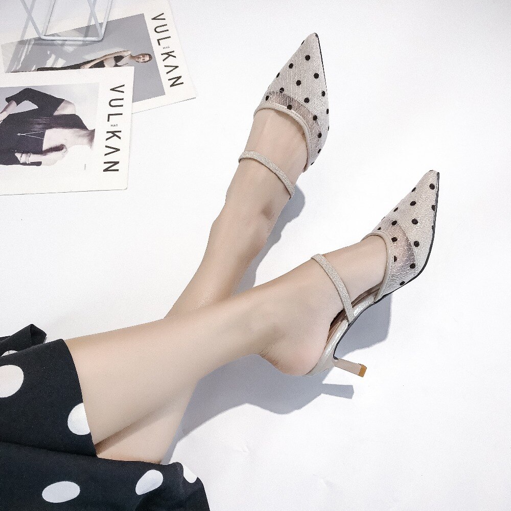 Sandalias de lunares nuevos para mujer, zapatos de tacón alto con puntera puntiaguda, de encaje, Estilo Vintage geométrico, E485,