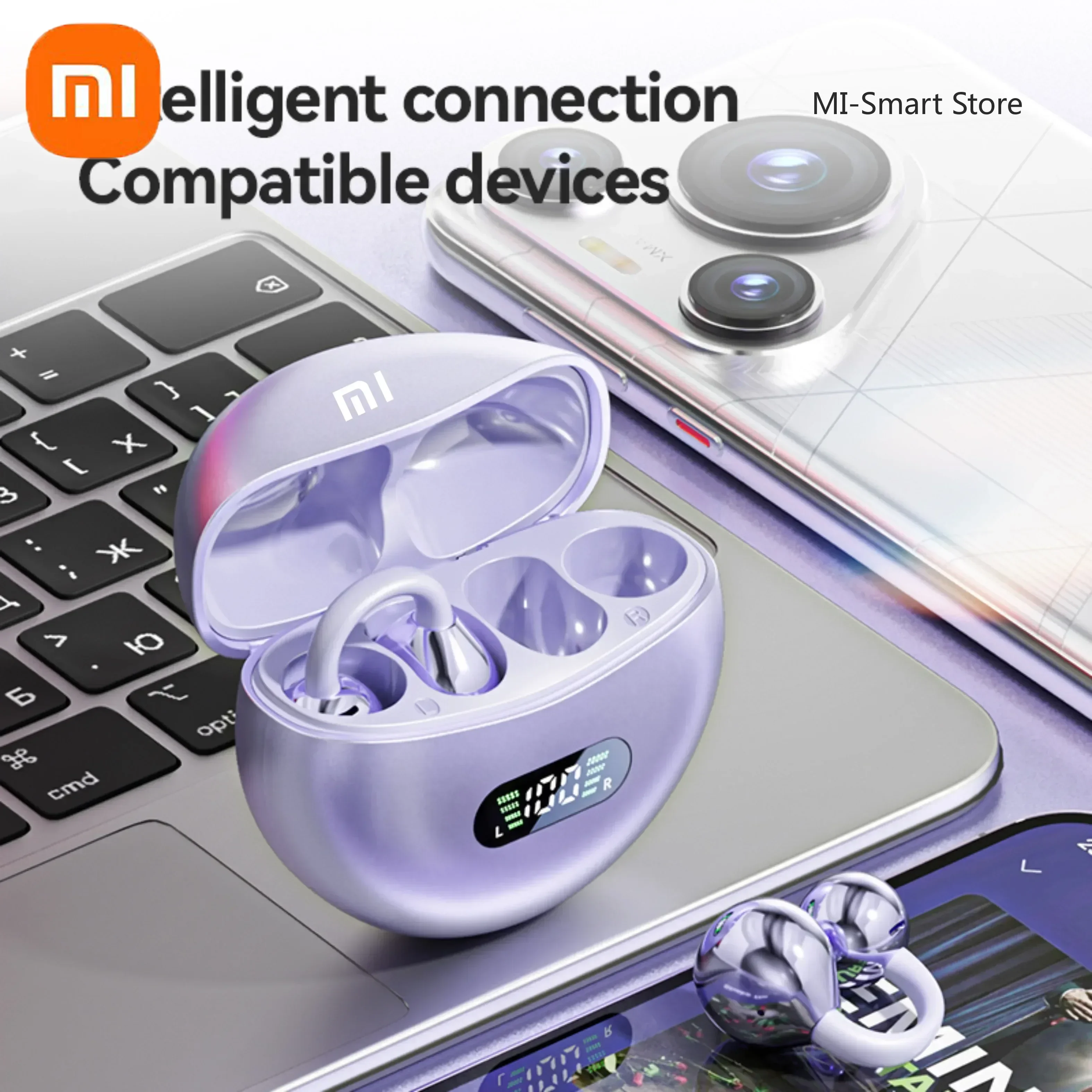 Xiaomi sem fio condução óssea alta fidelidade bluetooth 5.4 fones de ouvido clipe no ouvido com microfone display digital à prova dwaterproof água esporte