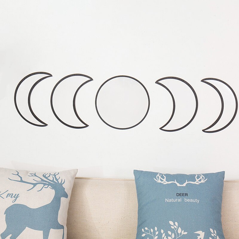 3/5Pcs Natuurlijke Decor Acryl Moonphase Spiegels Interieur Houten Maan Fase Spiegel Bohemian Muur Decoratie Voor Kamer