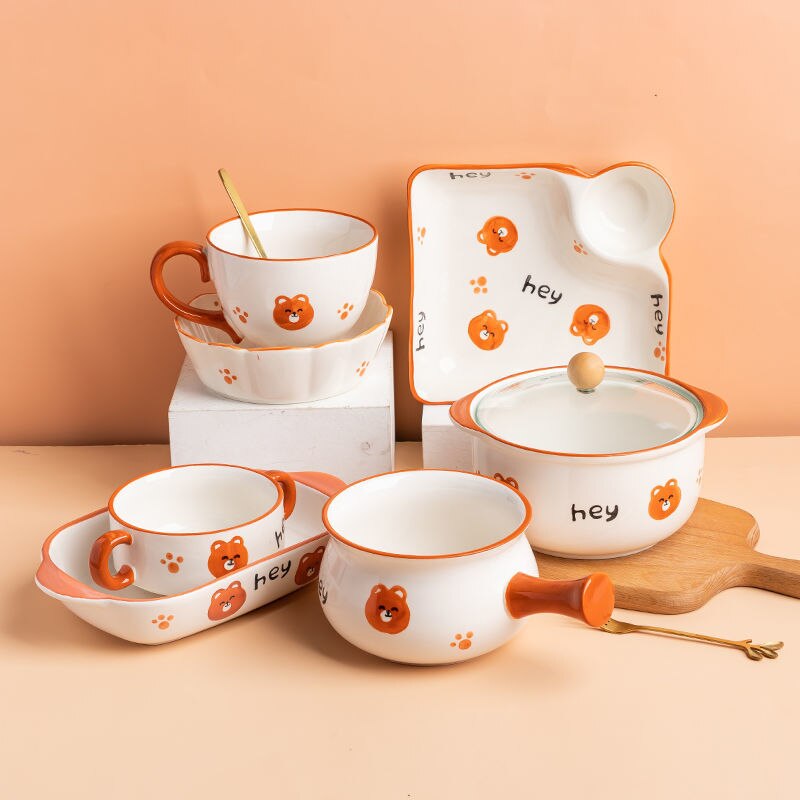 Cute Bear Bowl Plate Ceramic Household Oven Baking Bowl Baked Rice Plate Fruit Bowl Cartoon Tableware Set