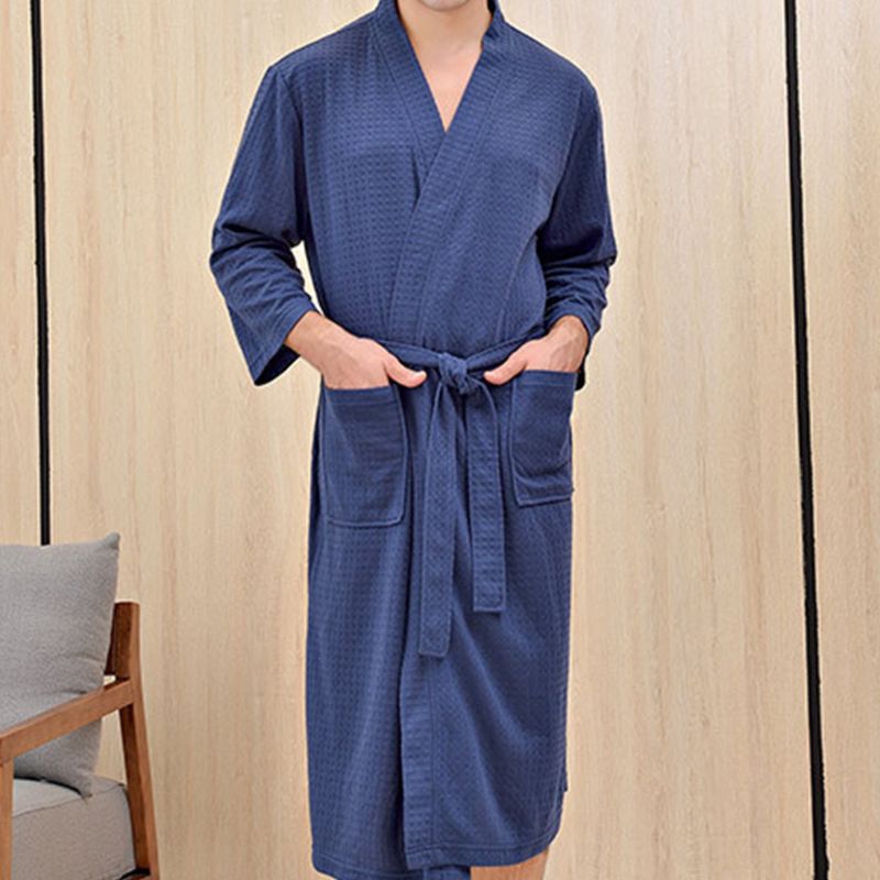 Unisex plus size løs badekåbe vaffelvævet sommer tynd kimono natkjole åben front bælte quick dry lounge nattøj