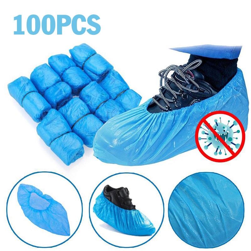 100 pcs Disposable Shoe Covers Blue Slip Plastic Carpet Cleaning Overshoes Mud-proof Covers Overshoes Waterproof Plastic Thick
