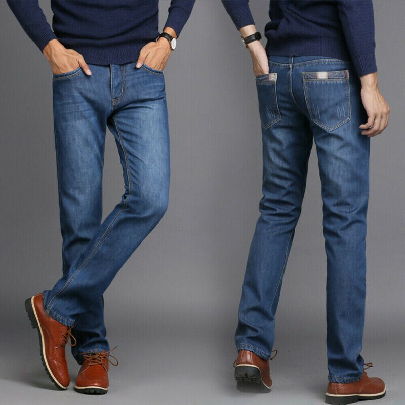 Termiske jeans til menn fleece foret denim lange bukser vinter tøye ut varme bukser ensfarget fleece uformelt trend: Lyse blå / 29