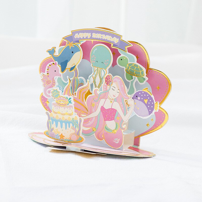 3D Pop-Up Birthday Invitation Card Mermaid Cartoon Animal Card Kids Birthday Cake Greeting Cards Postcards Card with Envel
