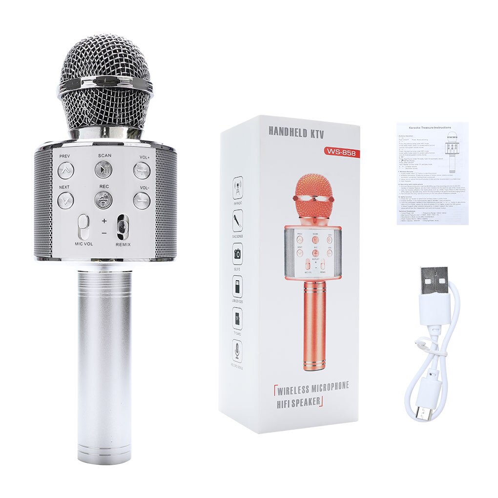 WS858 Bluetooth sans fil Microphone haut-parleur Microphone à main karaoké micro KTV lecteur de musique enregistreur de chant: Microphone gray