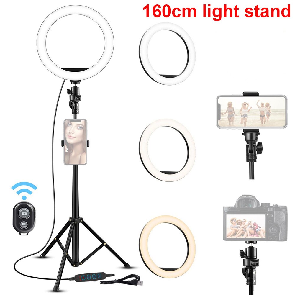 6inch LED Video Ring Light Lamp Dimmable 3 Lighting Modes USB Powered with Ballhead Adapter Phone Holder Tripod Stand: 160cm light stand