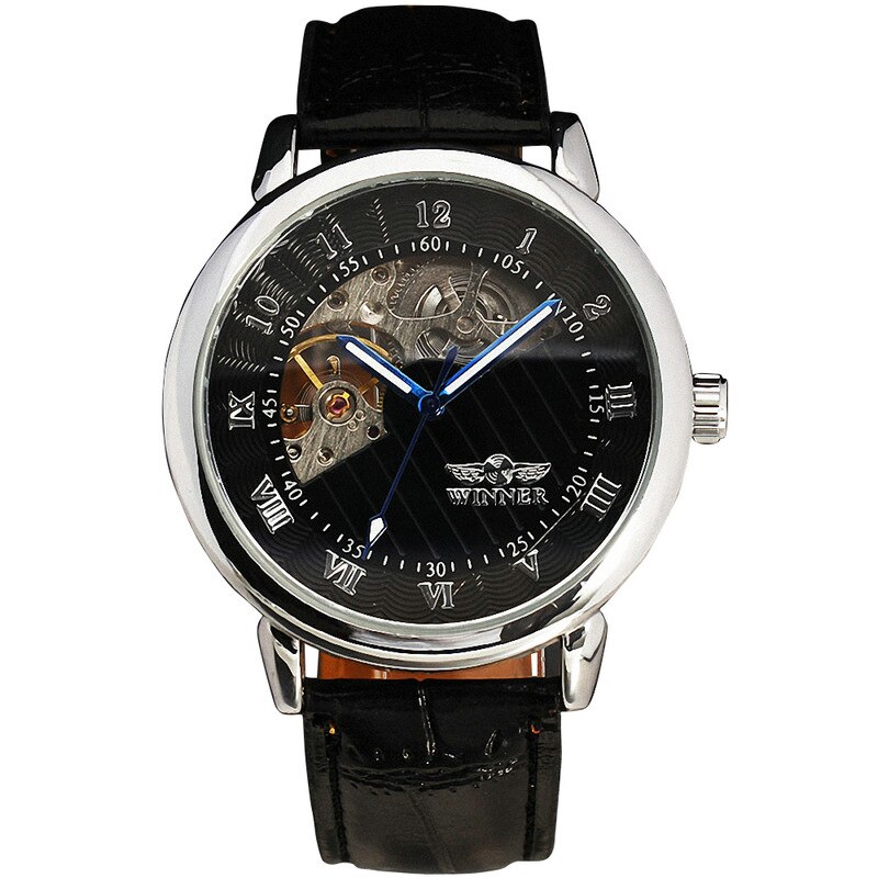 Luxe Gold Mechanical Hand Wind Horloges Mannen Lederen Band Mechanische Horloges Mannen Goedkope Prijs Montre Homme: BLACK