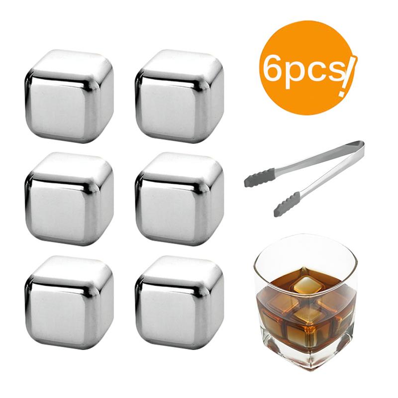 Whisky Stones Ice Cubes Set Reusable Food Grade Stainless Steel Wine Cooling Cube Chilling Rock Party Bar Tool: 6pc