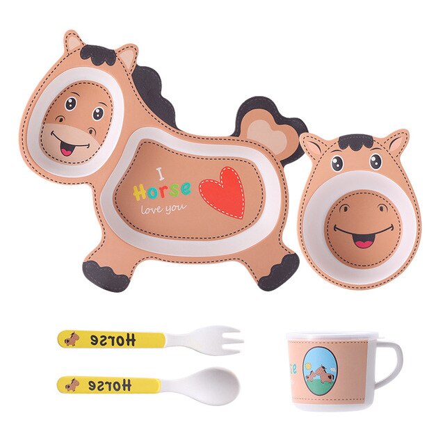 Juego de vajilla de fibra de bambú para bebés, juego de 5 unidades de platos para bebés, plato con separación de dibujos animados para niños, Bol, tenedor, cuchara, vasos, suministros de alimentación: horse