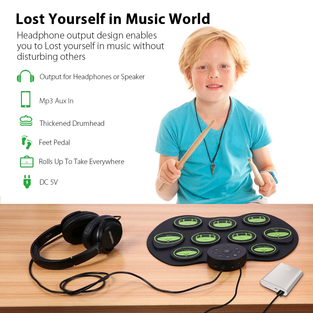 A Series of USB Roll-Up Silicon Drum Set Digital Electronic Drum Kit 7 Drum Pads with Drumsticks Foot Pedals for Beginners