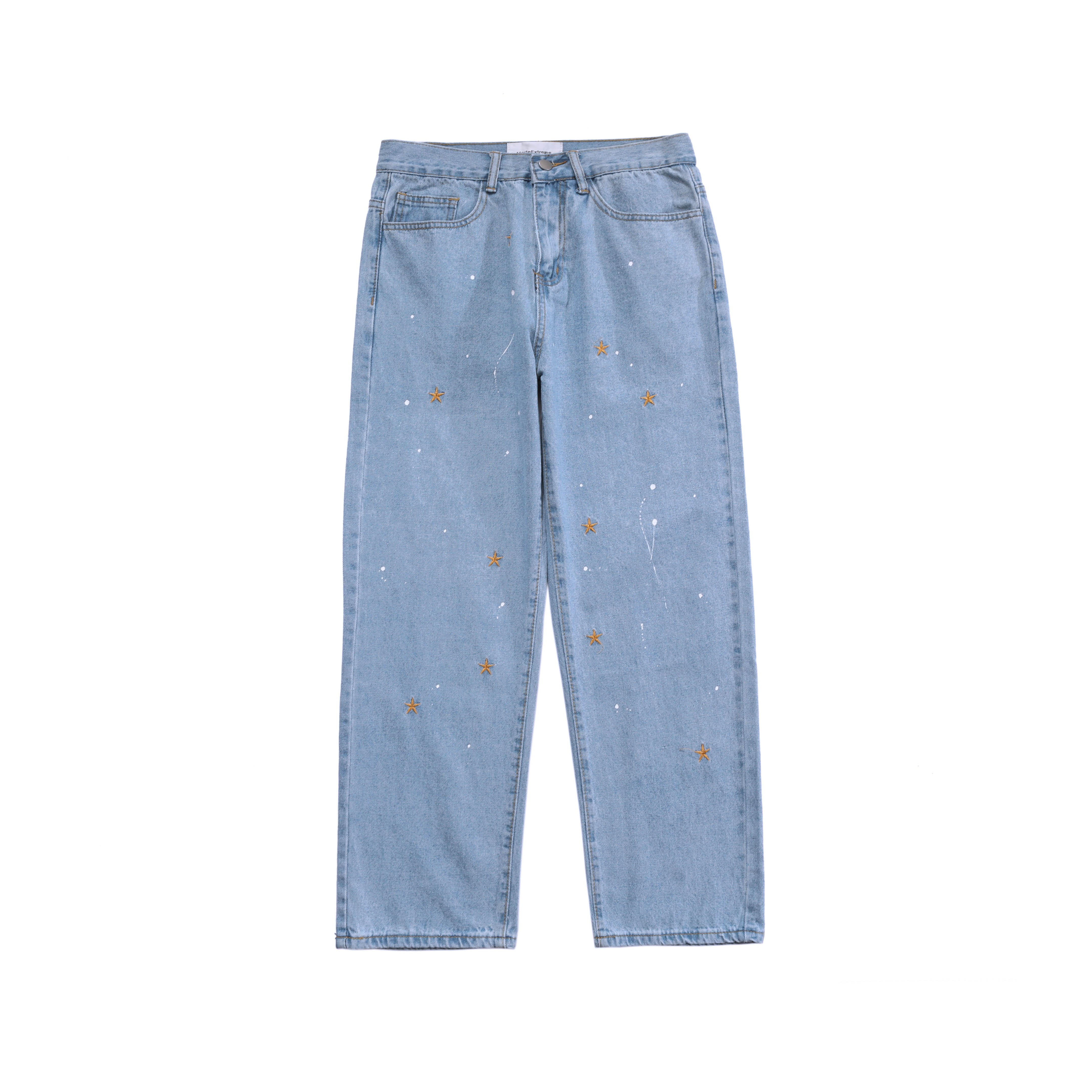 Iefb / herrkläder street splash-ink broderade lösa jeans trendiga raka vintage pappa byxor män hip hop jeansbyxor 9 y 4180: Ljusblå / Xl