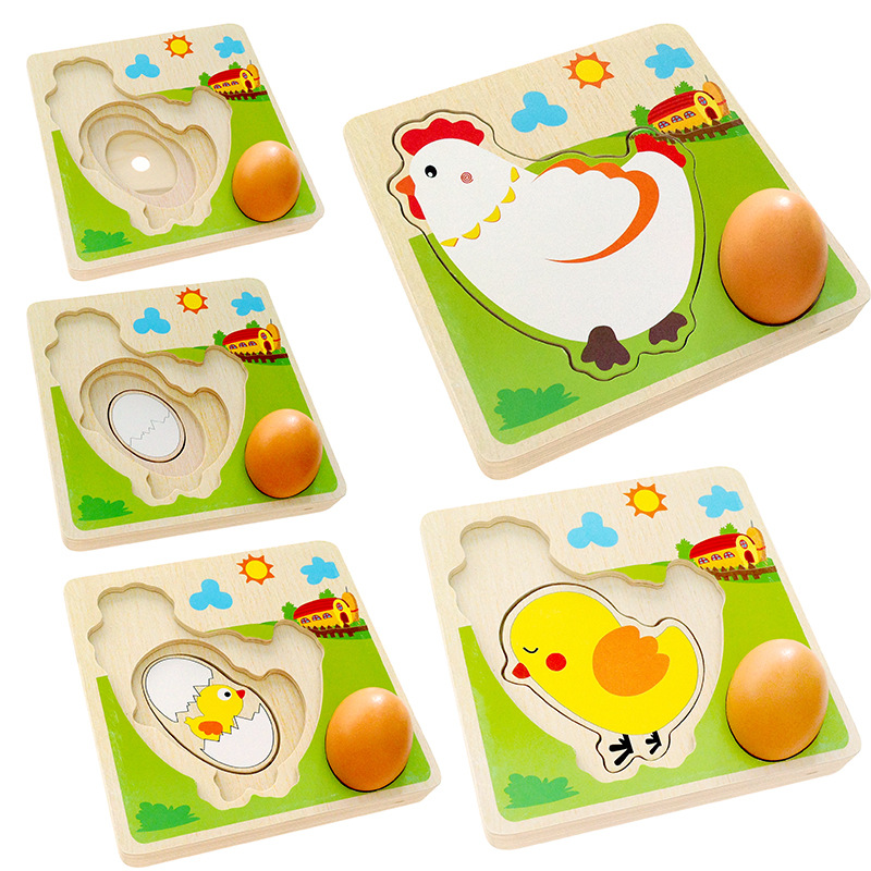 3D Houten multi-layer Puzzel Kip leggen Eieren Kip Groei Proces Cartoon Puzzel Vroege Educatief Speelgoed Voor Kinderen Kids