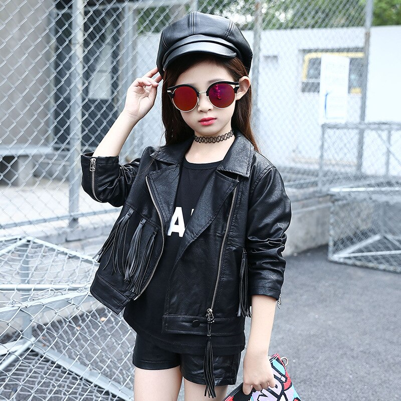 Teen Girls Leather Jacket Autumn Children Zipper Coats Kids Tassel PU Leather Jackets Outwear Clothes for Girls 8 10 Yrs: 10