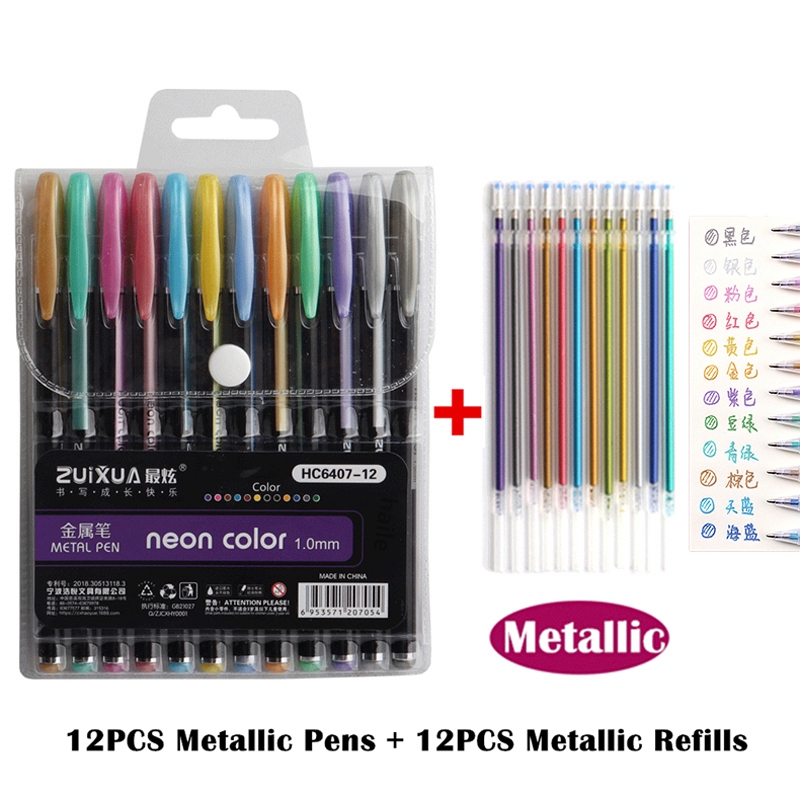 Bolígrafos de Gel de colores brillantes metálicos para la escuela, oficina, libro para colorear para adultos, diarios, marcadores artísticos de dibujo, bolígrafo de , 12/24 Uds.