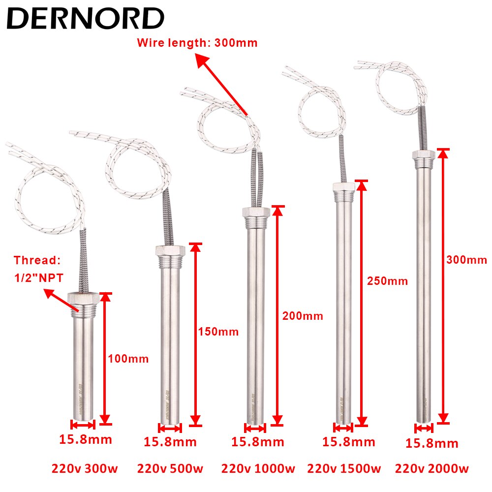 Grzałka patronowa zanurzeniowa cylindryczna grzałka grzewcza grzałka zapasowa 1/2 &quot;gwint 220V 0,3kw 0,5kw 1KW 1,5kw 2KW