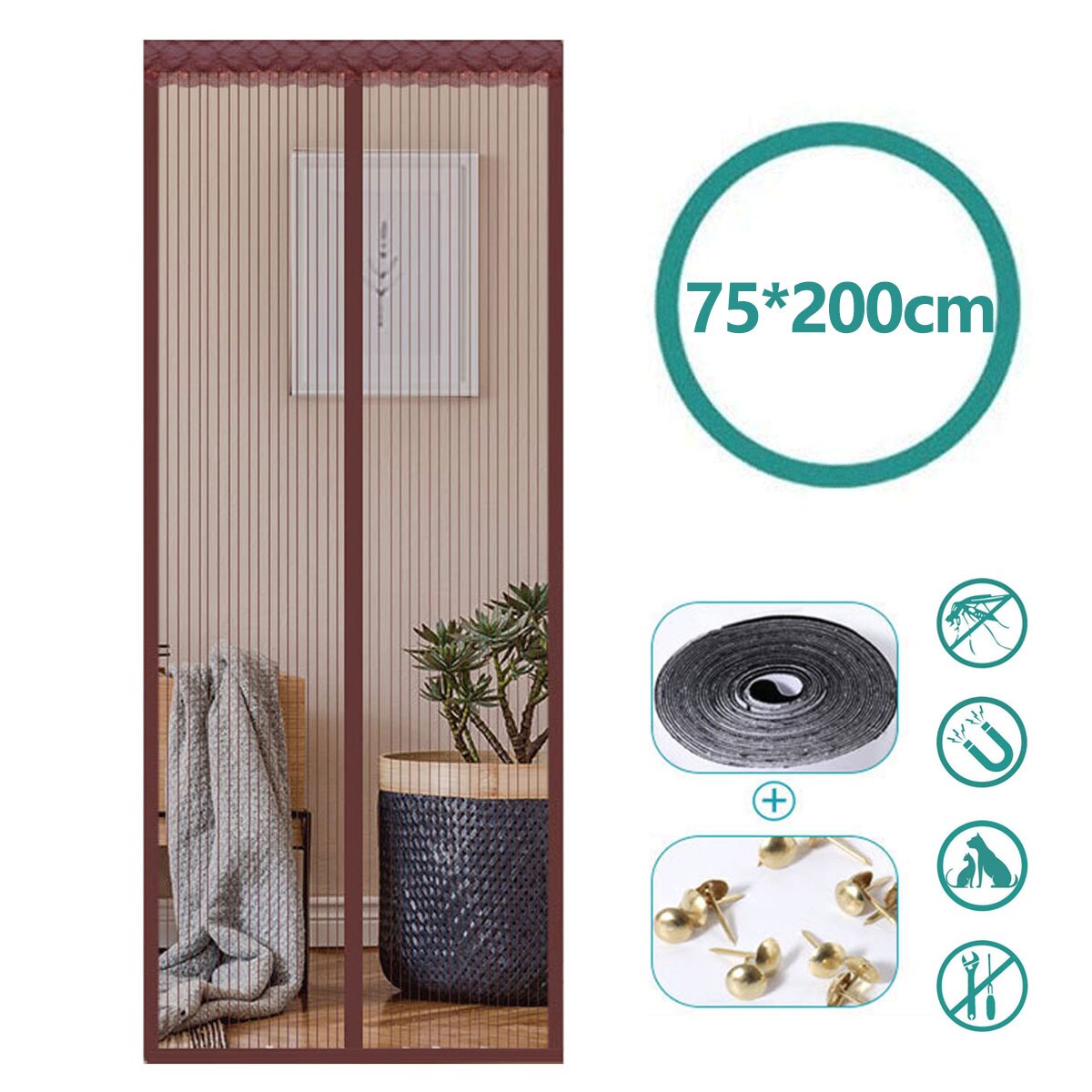 Porta dello schermo magnetico mantieni Anti zanzare insetti fuori zanzariera, zanzare tenda balcone scorrevole soggiorno bambini: Brown75-200cm