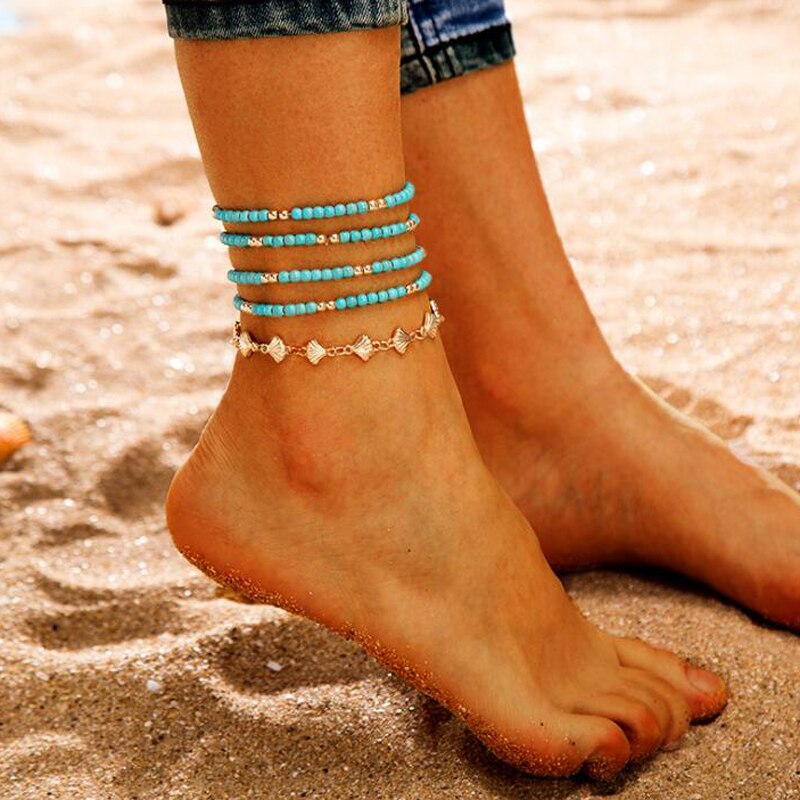 5 Stks/partij Blauw Turkoois Kralen Enkelbandje Armband Op De Been Goud Kleur Shell Multilayer Enkelbanden Voor Vrouwen Strand Voet sieraden