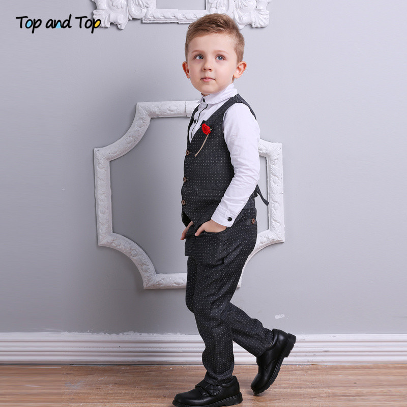 Top and Top Boy Clothes Set Boys Formal Suits Cotton Bow Tie Long Sleeve Shirt+Vest+Trousers 3Pcs Kids Gentleman Outfit