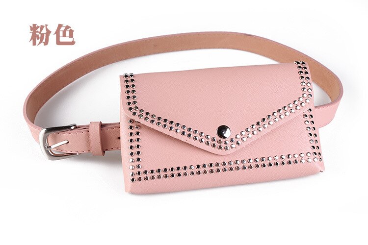 Riñonera con remaches Punk para mujer, accesorios de cinturón, bolso cruzado de bolsillo para teléfono, bolso de mano Vintage con remaches, bolso de mano de cuero PU: Rosa