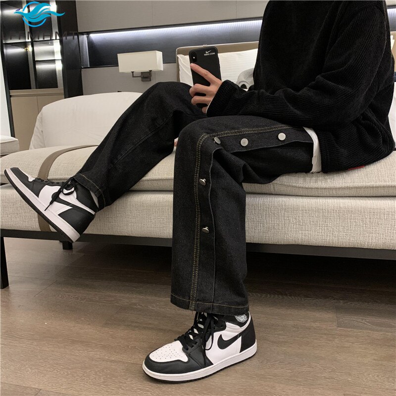 Winter Casual Joker Button Fly Jeans Loose Wide Leg Straight Denim Harajuku Trendy Cool Men Pants
