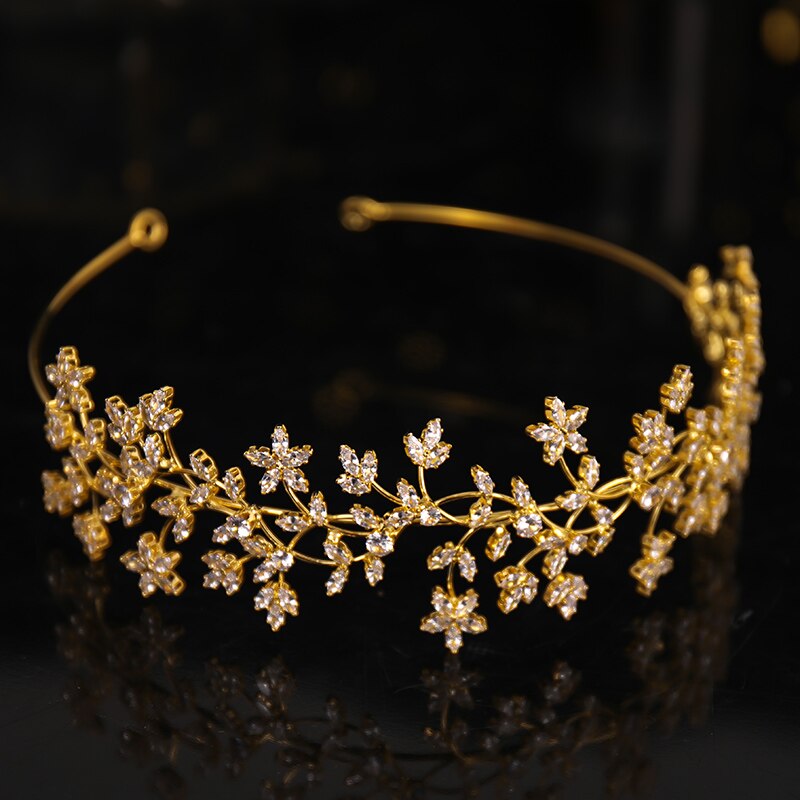 Gold Zircon Flower Crystal Tiara - Baroque Vintage Rhinestone Queen Princess Royal Crown - Bridal Diadem